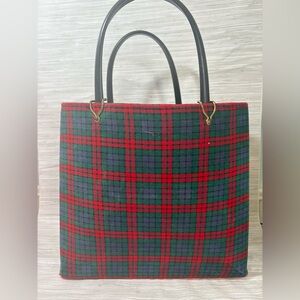 VINTAGE ✨ tartan green and red Plaid Tote Bag with Black Handles good condition
